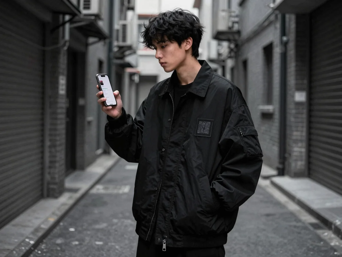 Night flash streetwear photo of a young creator in a dark urban alley wearing an oversized jacket with a subtle QR patch