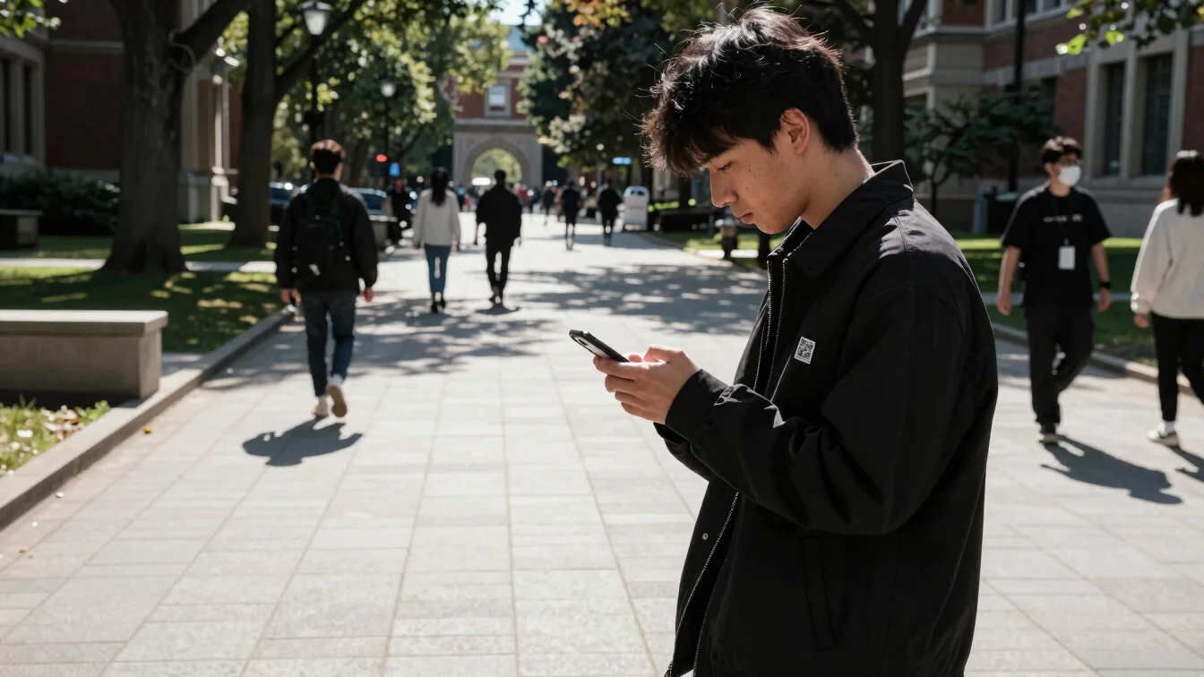 University student scanning a garment QR code with a smartphone o
