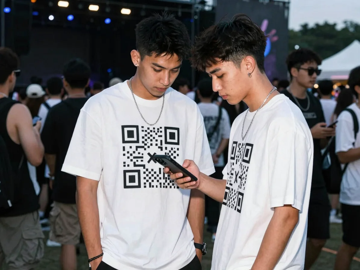 Streetwear fashion photography of young festival-goers outdoors in daylight, one model wearing a white QR tee while anot